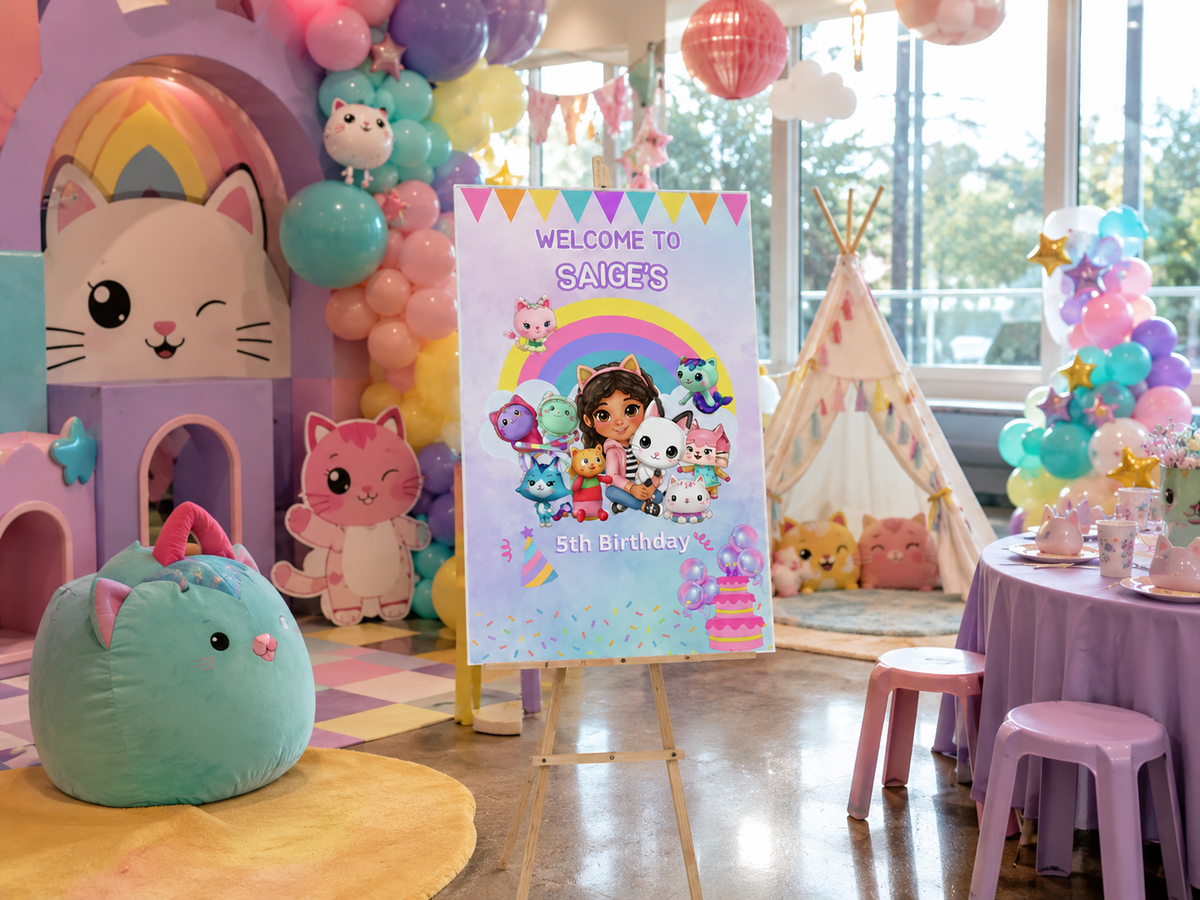 Personalized Cat Dollhouse Birthday Welcome Sign | Pastel Rainbow Kids Party Decor