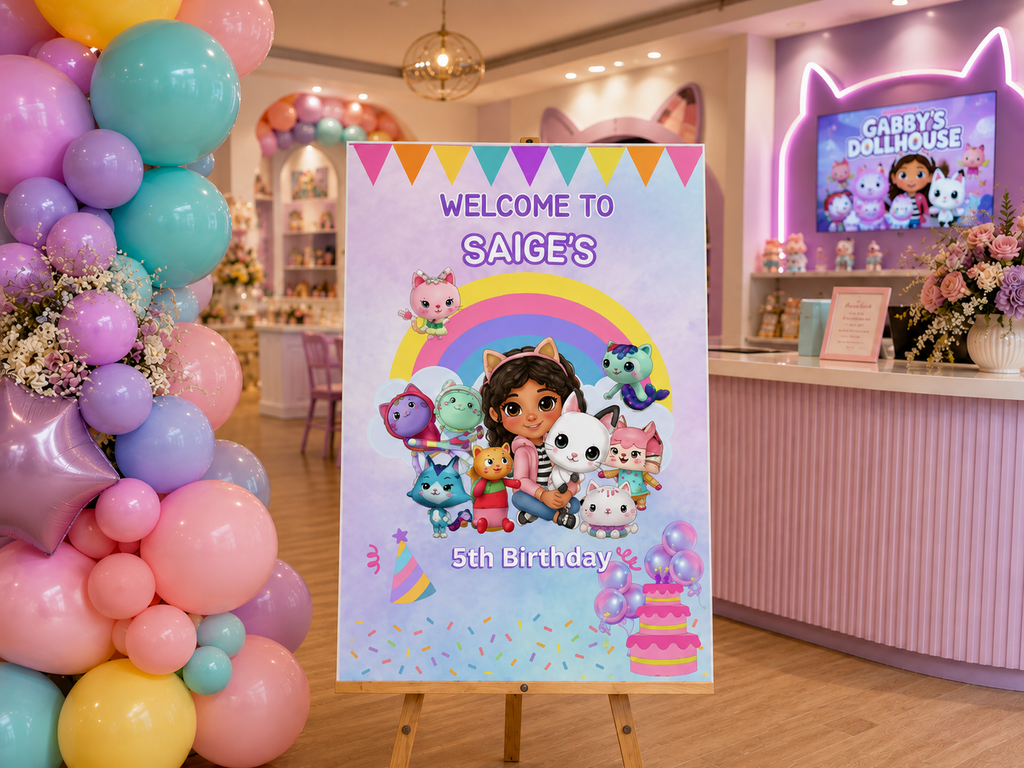 Personalized Cat Dollhouse Birthday Welcome Sign | Pastel Rainbow Kids Party Decor