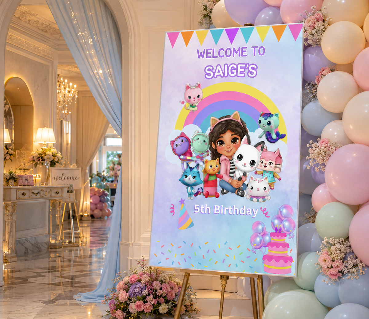 Personalized Cat Dollhouse Birthday Welcome Sign | Pastel Rainbow Kids Party Decor