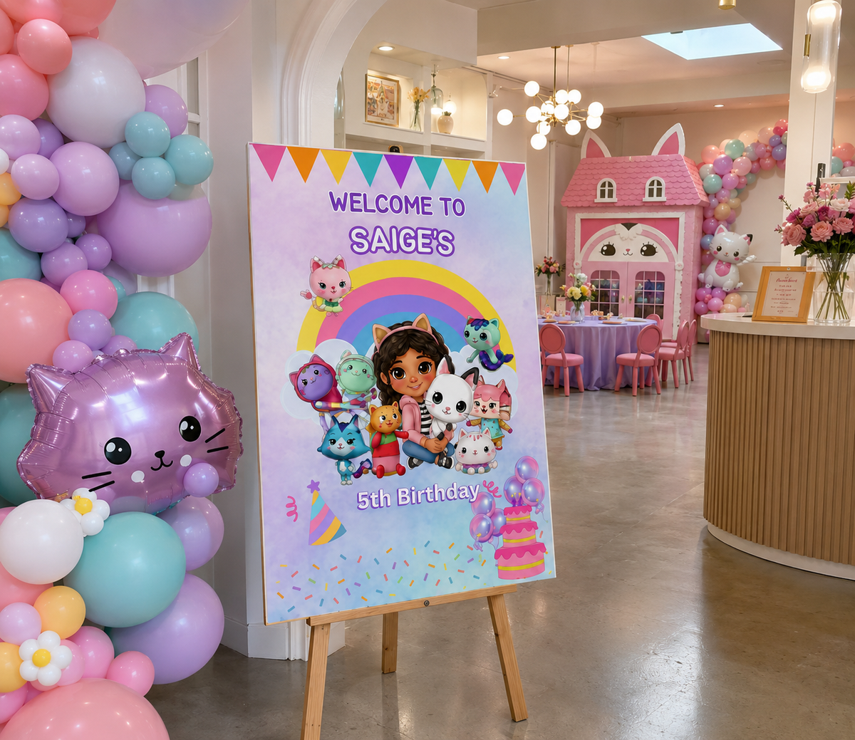 Personalized Cat Dollhouse Birthday Welcome Sign | Pastel Rainbow Kids Party Decor