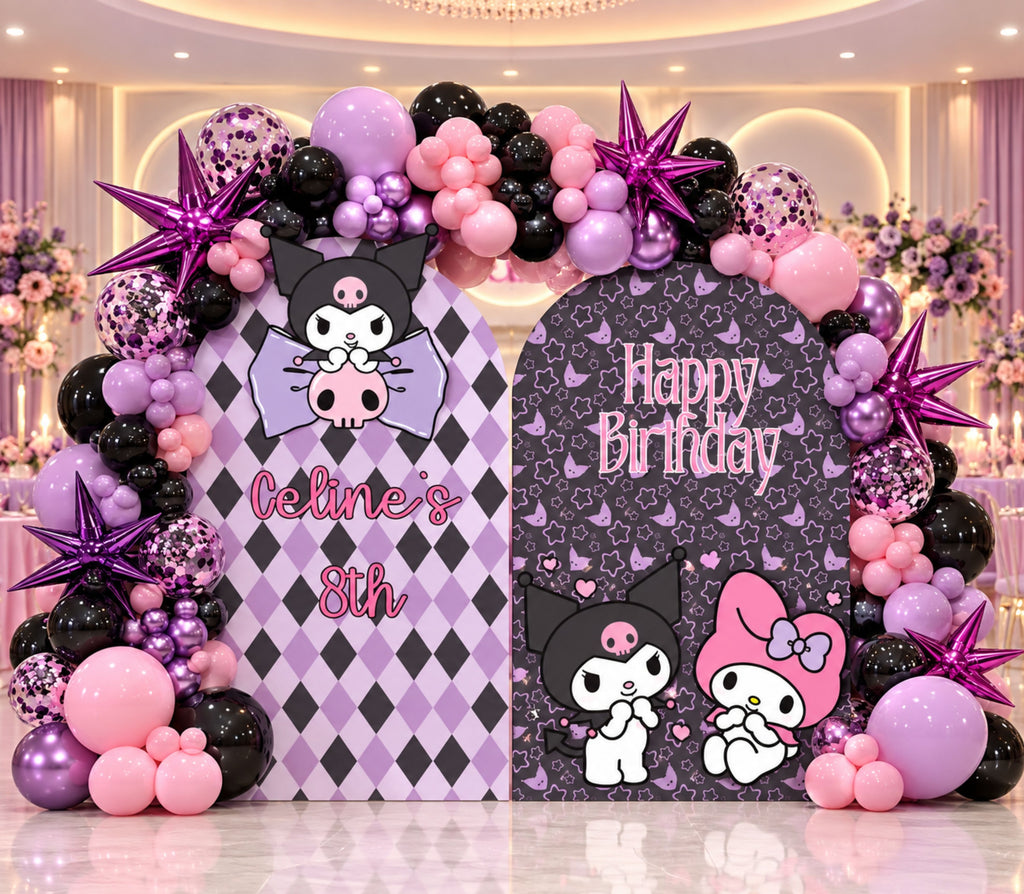 Personalized birthday backdrop with black and pink checkerboard panels, character cutouts and colorful balloon decor.