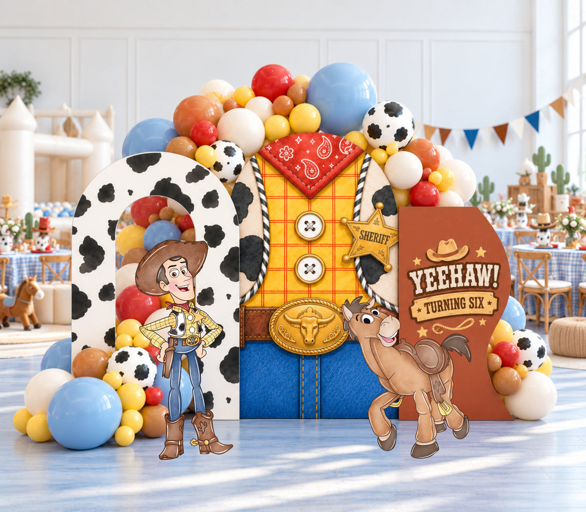 Western toy birthday display with sheriff star centerpiece, colorful balloon garland and matching cowboy-inspired cutouts.