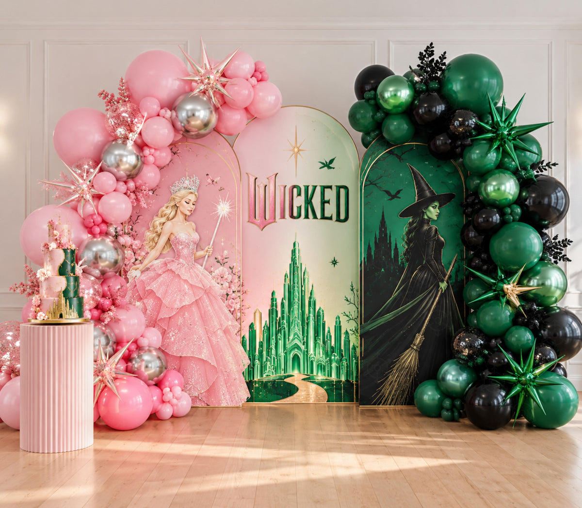 Personalized birthday backdrop with pink and emerald green arch panels, fantasy castle details and coordinated balloon decorations.