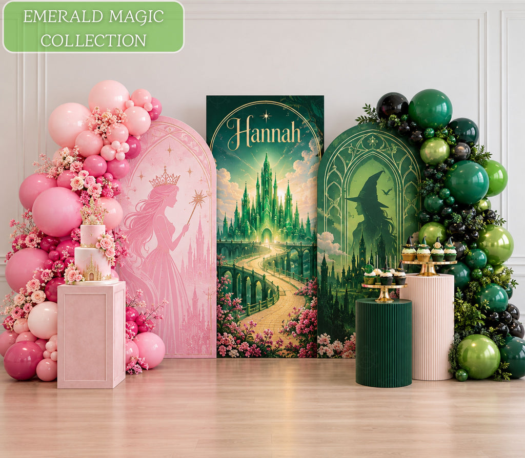 Personalized pink and emerald green birthday backdrop with fantasy-inspired castle scenery, balloon garlands and elegant party decor.