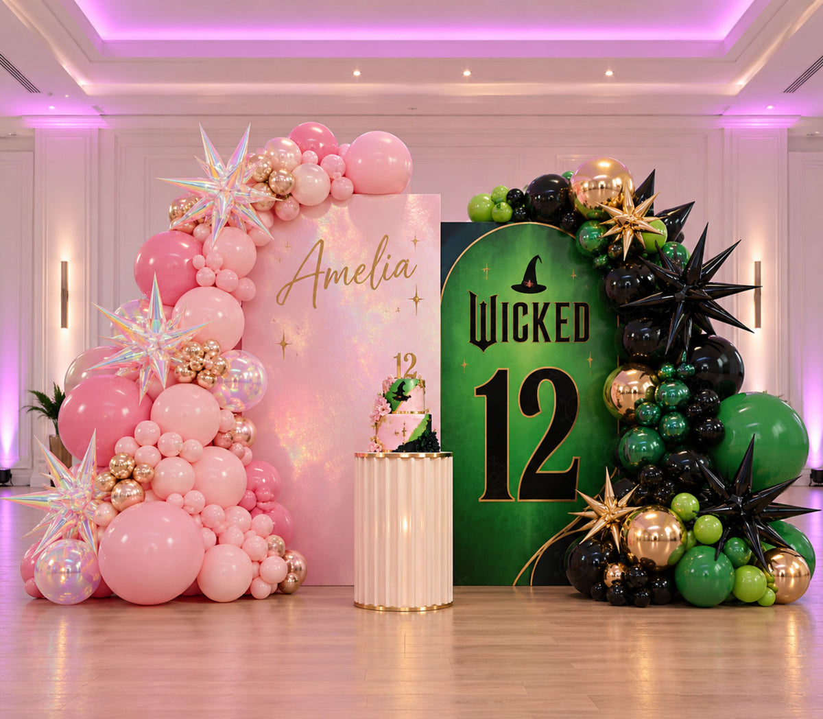 Personalized pink and green birthday backdrop with bold number detail, elegant balloons and magical fantasy-inspired party styling.