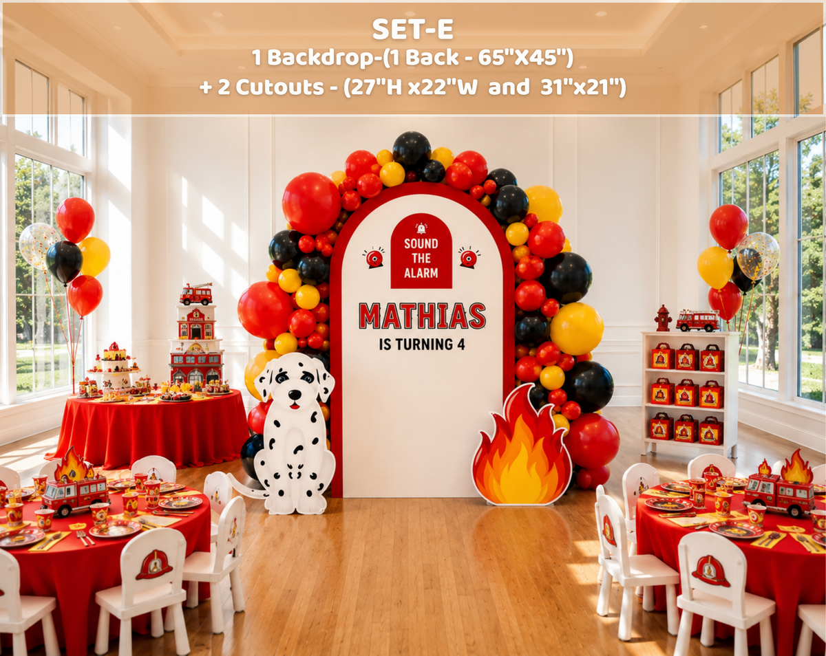Personalized firefighter birthday backdrop with a blue sky background, red fire truck cutout and themed party tables for a child’s celebration.