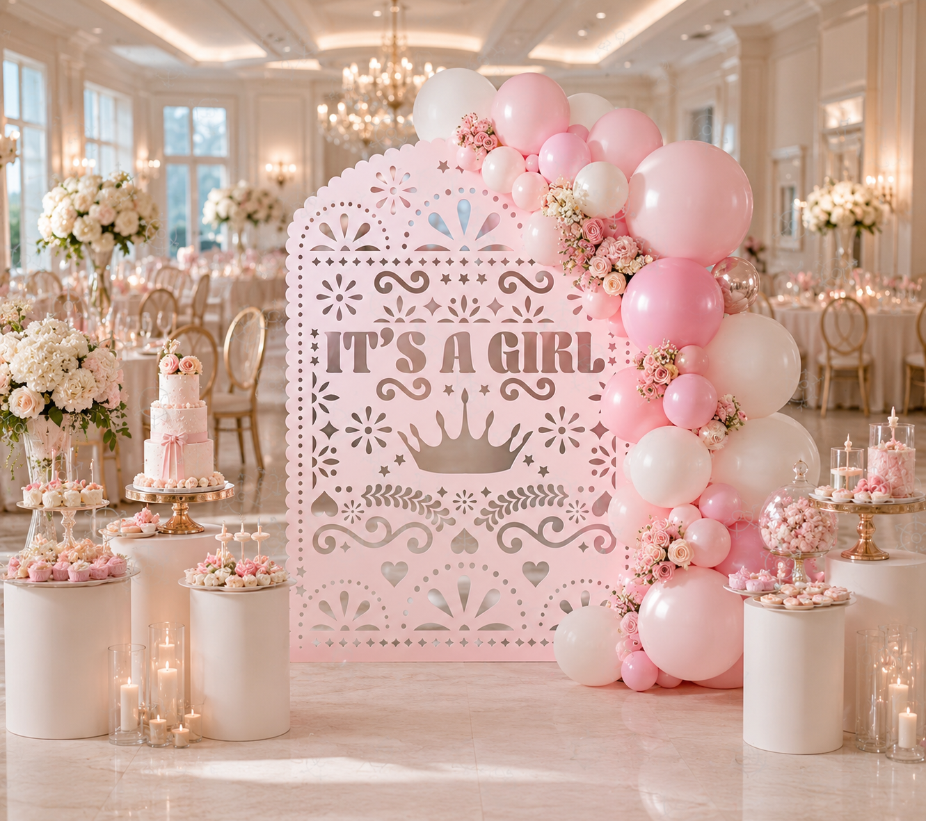 Pink It's a Girl backdrop with elegant balloon garland for baby shower celebration