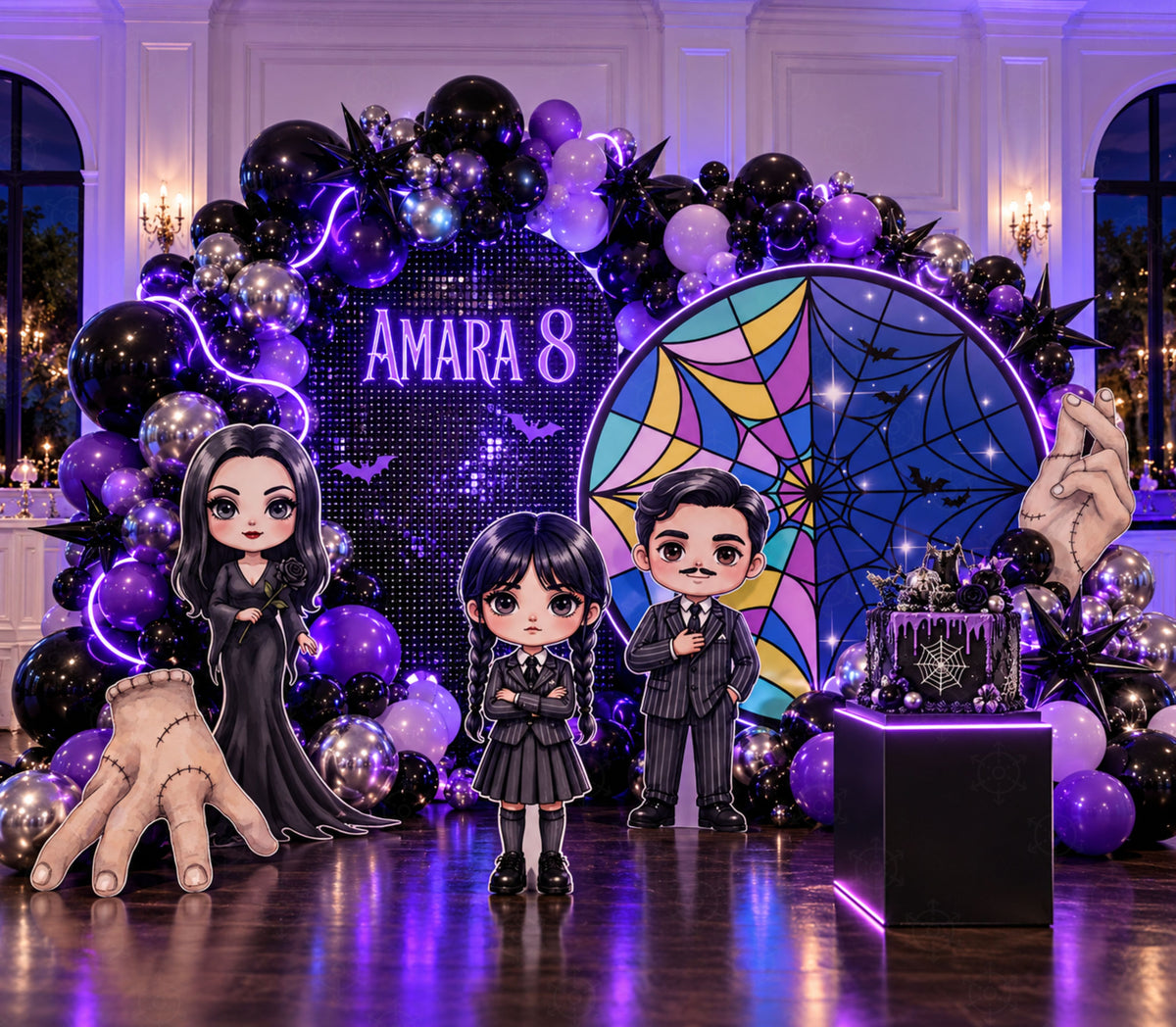 Purple and black birthday party backdrop with gothic character cutouts, neon-style lighting and dramatic themed decorations.