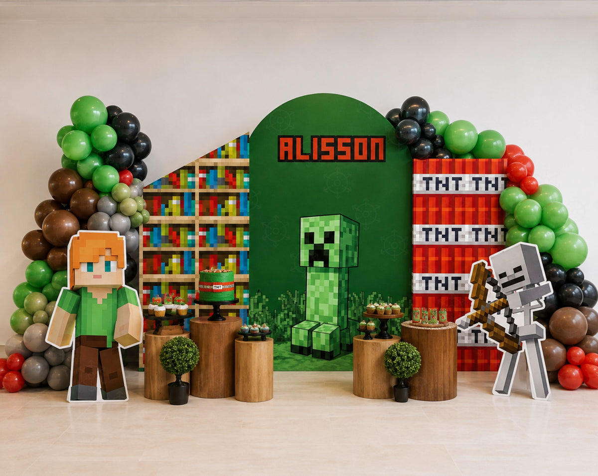Personalized pixel game birthday backdrop with green character inspired panels, black and green balloons and matching gamer party decor.