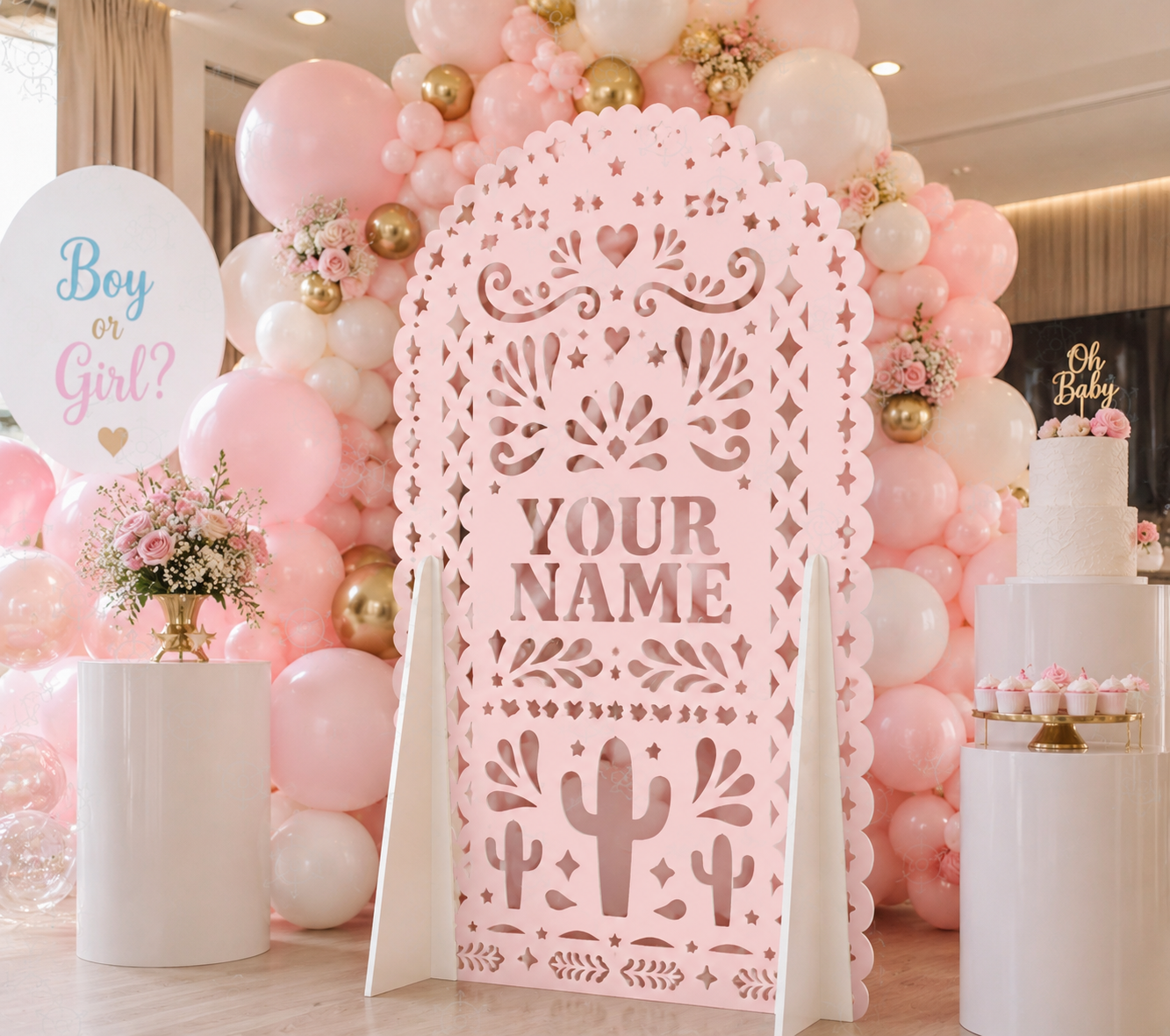 Back view of personalized papel picado backdrop showing support stands for freestanding setup