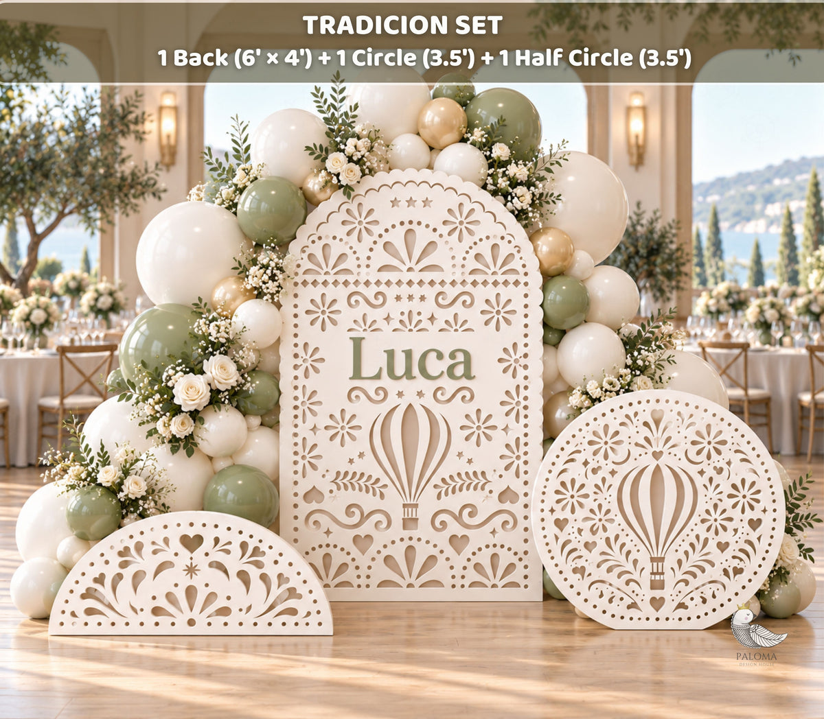 Elegant ivory papel picado baptism backdrop set with coordinated circular pieces, pedestal, and soft neutral event styling.