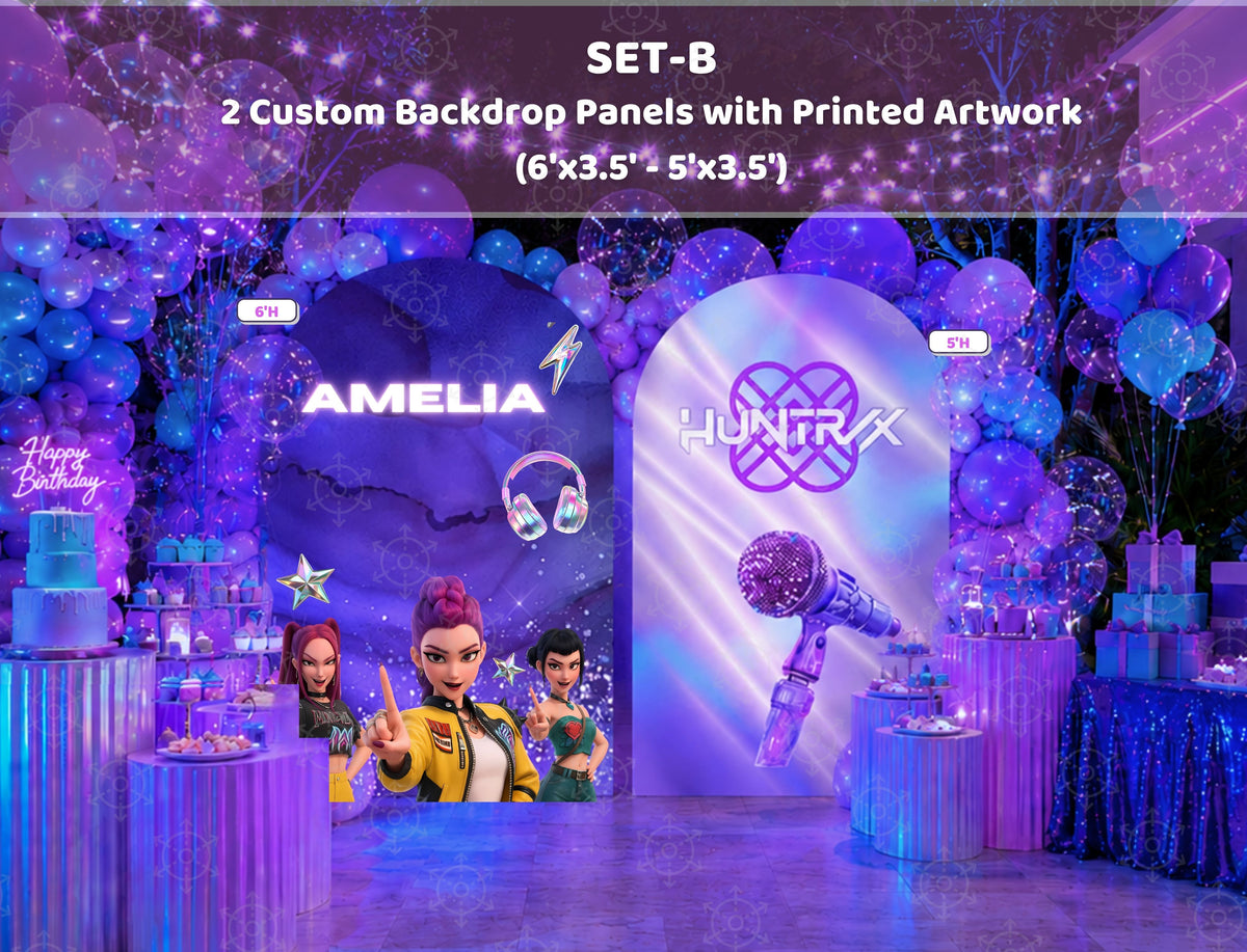 Purple teen idol party backdrop with neon lighting effects, personalized birthday design and standee cutouts for a concert themed celebration.
