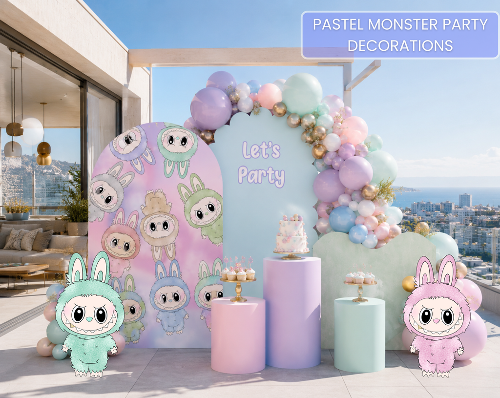 Personalized cute monster birthday backdrop with pastel pink and lavender arch panels, balloon garland and kawaii monster cutouts for a kids party.