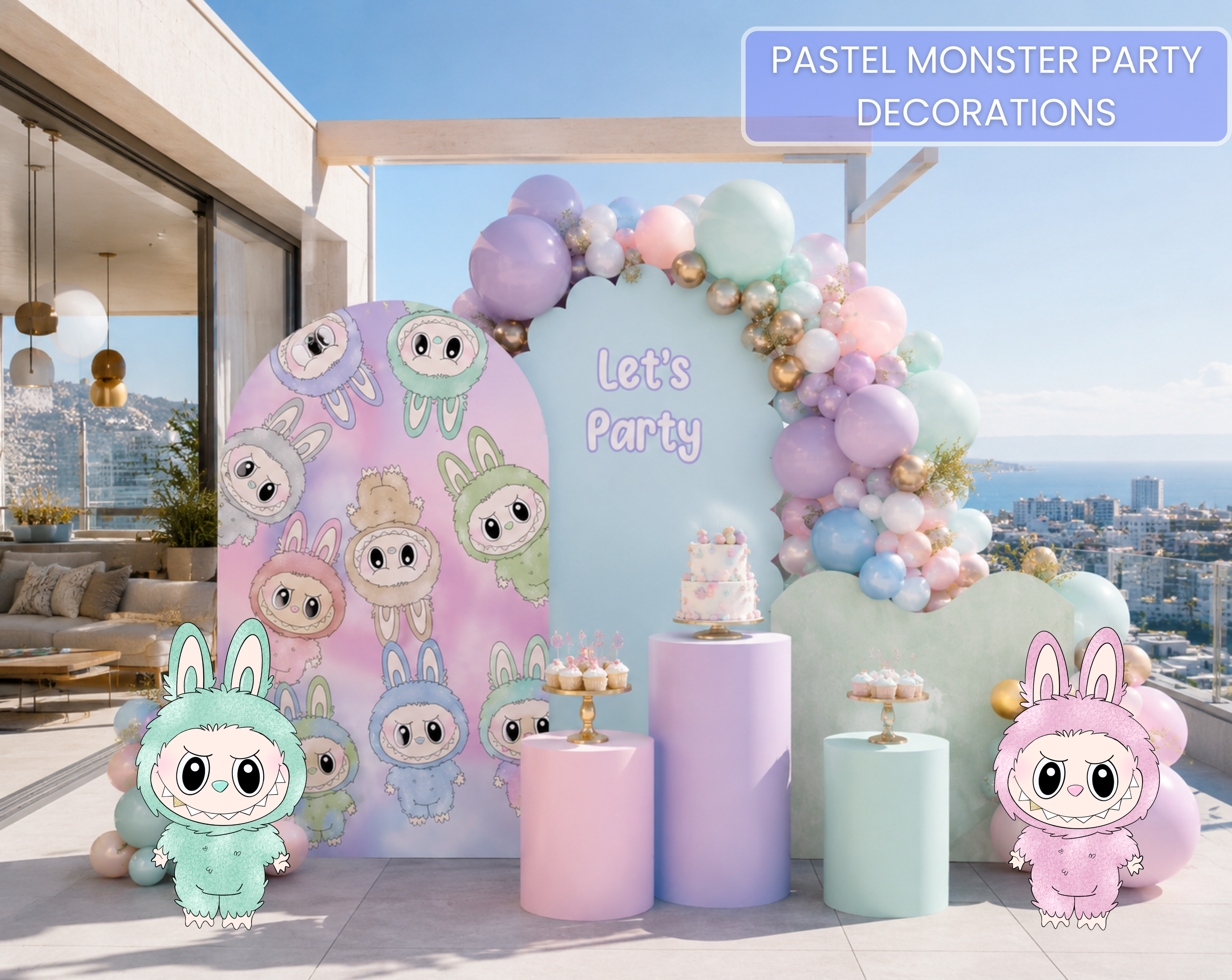 Personalized cute monster birthday backdrop with pastel pink and lavender arch panels, balloon garland and kawaii monster cutouts for a kids party.