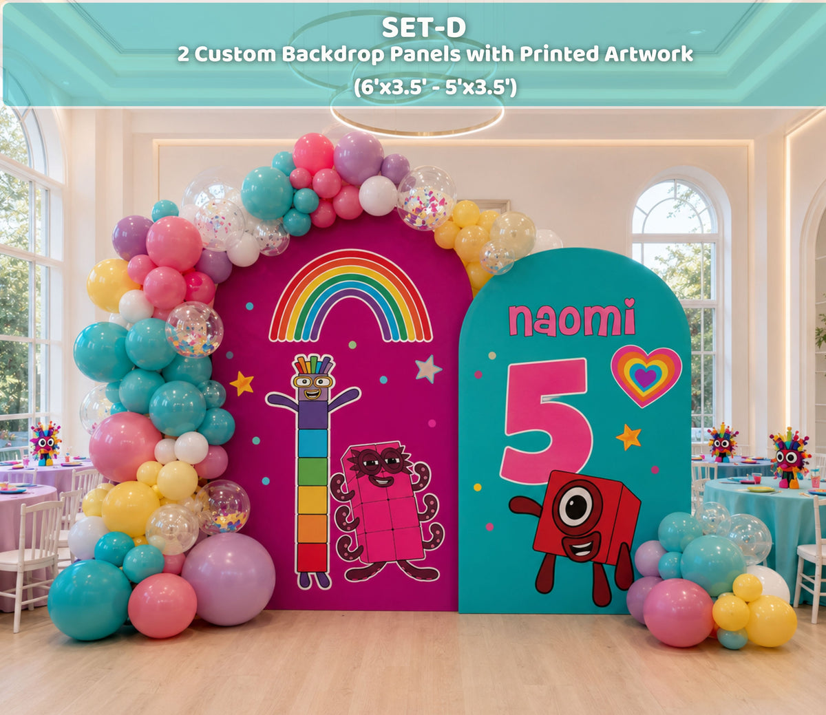 Colorful Numberblocks fifth birthday backdrop with rainbow balloon garland, number character cutouts and personalized kids party decor.