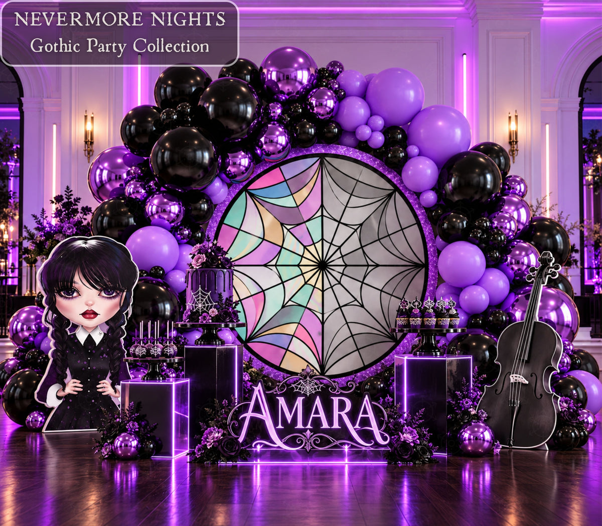 Personalized gothic birthday backdrop with purple and black balloons, spiderweb design, dark character styling and dramatic party decor.