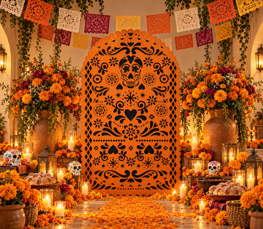 Orange papel picado-inspired party backdrop with marigold florals, candles, festive banners and warm autumn fiesta decorations.