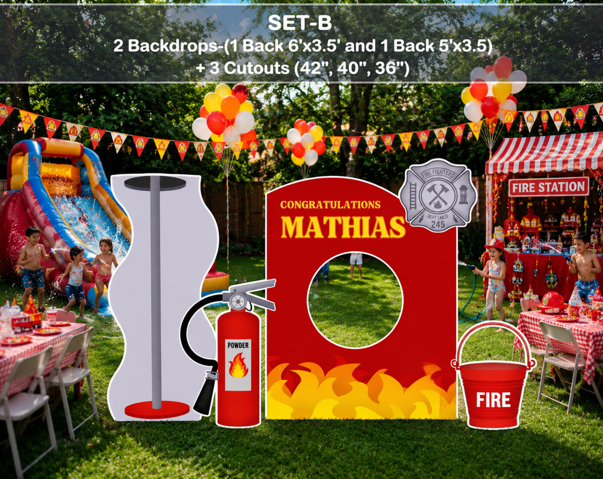 Outdoor firefighter birthday backdrop with a black hedge wall, red fire station panel, string lights, balloons and a personalized party sign.