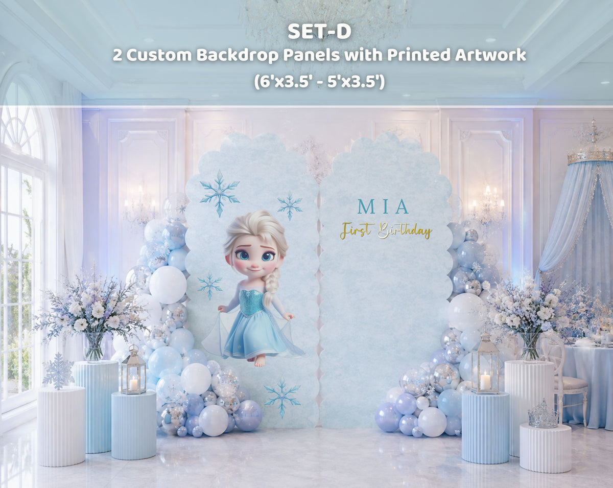 Pastel winter princess birthday backdrop with soft blue and lavender panels, snowy details and matching themed party cutouts.