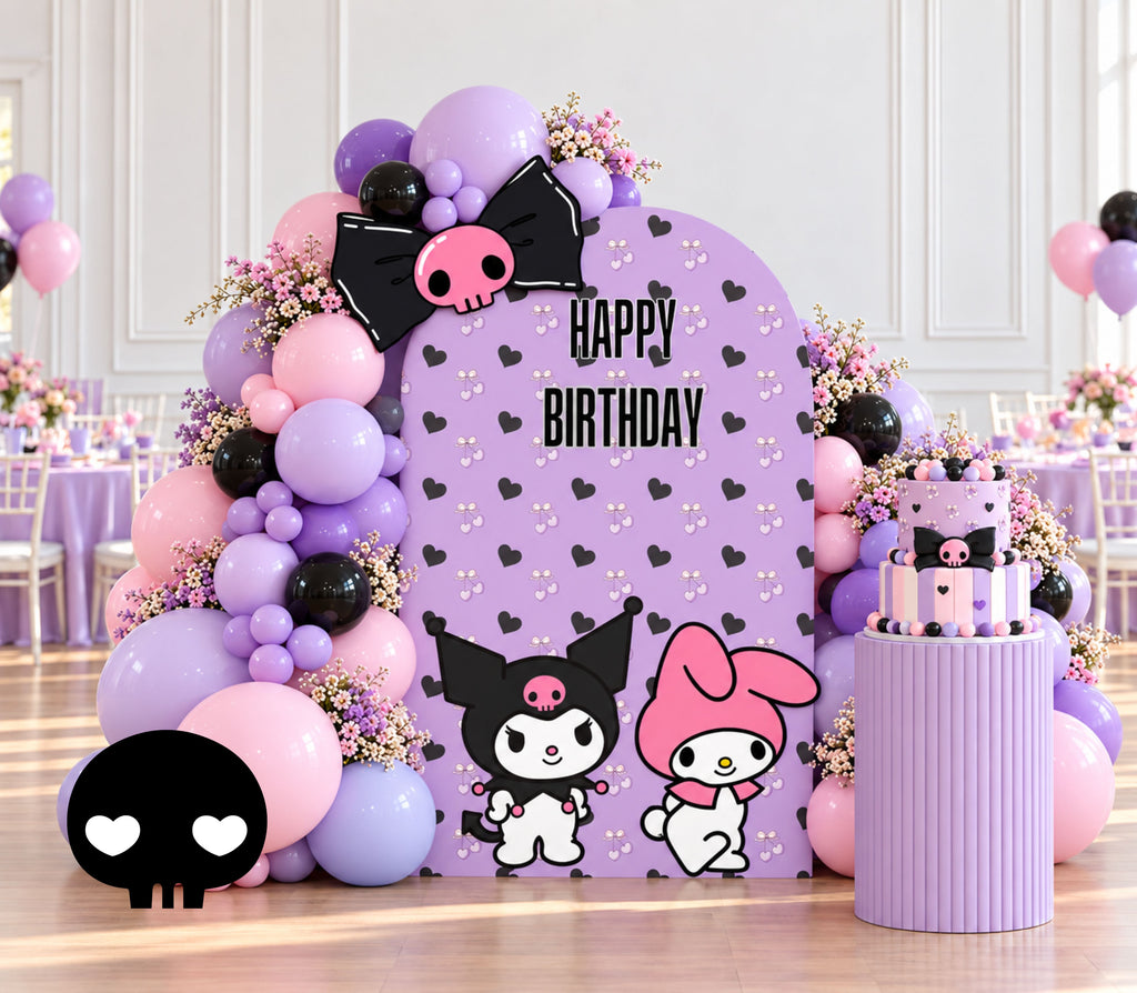 Soft pink and lavender birthday backdrop with playful character styling, balloon garland and personalized party decor.