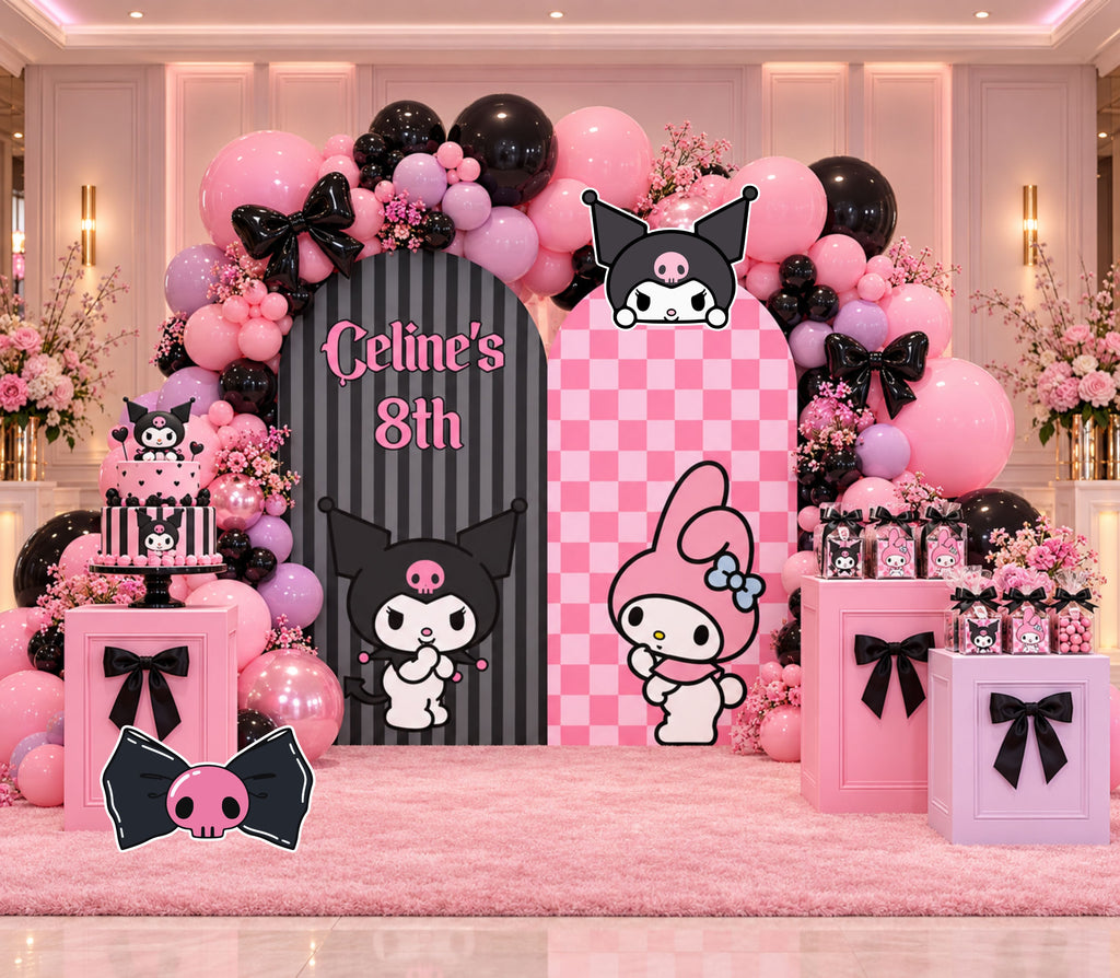 Personalized pink and black birthday backdrop with character cutouts, bold graphic details and fun balloon decorations.