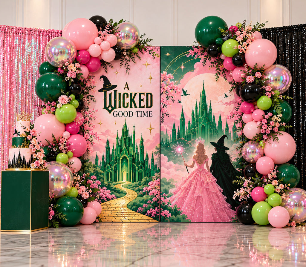 Pink and emerald birthday backdrop with whimsical fantasy scenery, floral accents, balloon garlands and personalized celebration decor.