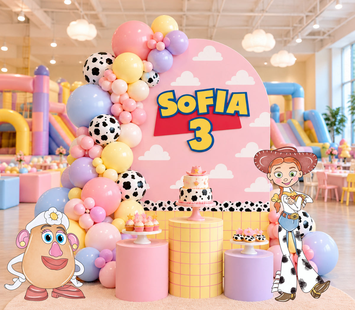 Pink western birthday backdrop with cowgirl inspired character cutouts, pastel balloons and playful custom party styling.