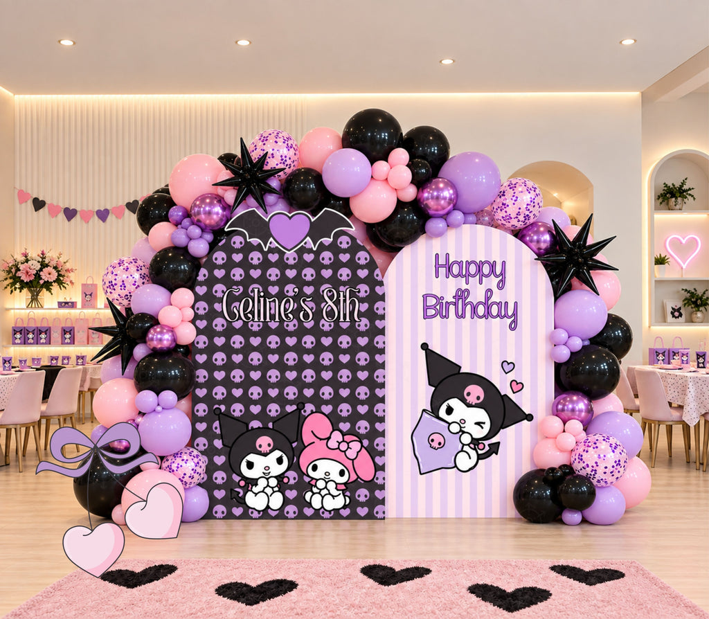 Pink and black birthday backdrop with balloon garland, playful character cutouts and personalized party styling for a fun kids celebration.
