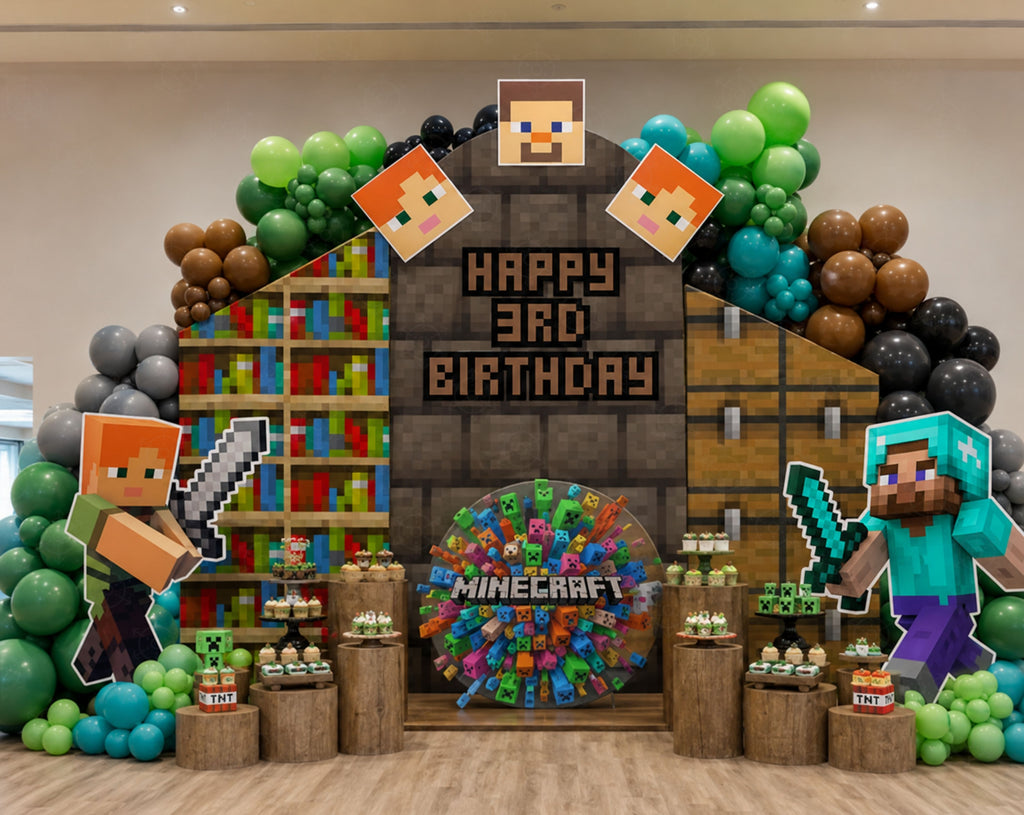 Personalized pixel game birthday setup with rustic wood styling, block themed backdrop panels, balloon clusters and gamer party decorations.