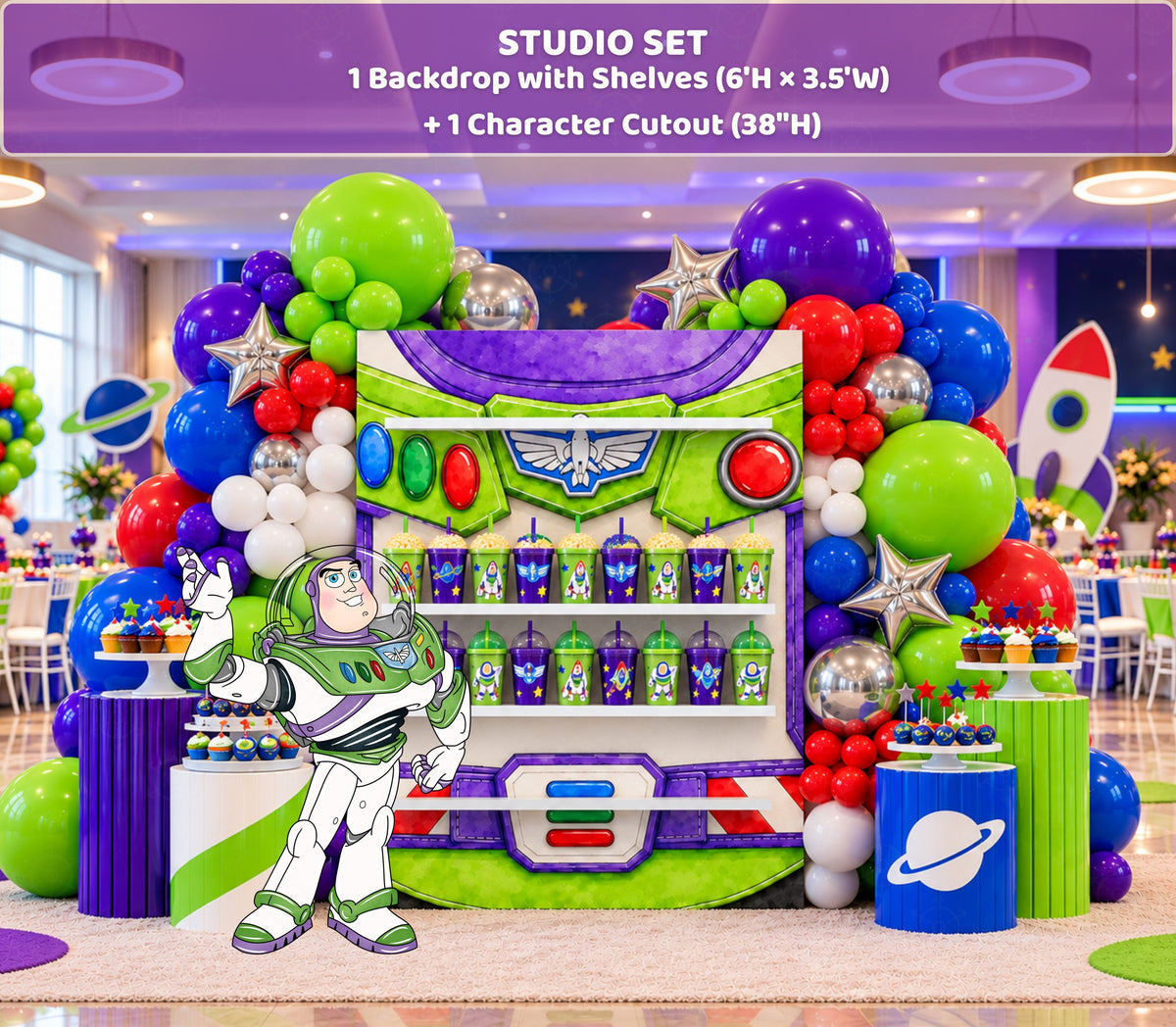 Purple and green toy birthday backdrop with space-inspired character styling, vivid balloons and personalized kids party decor.