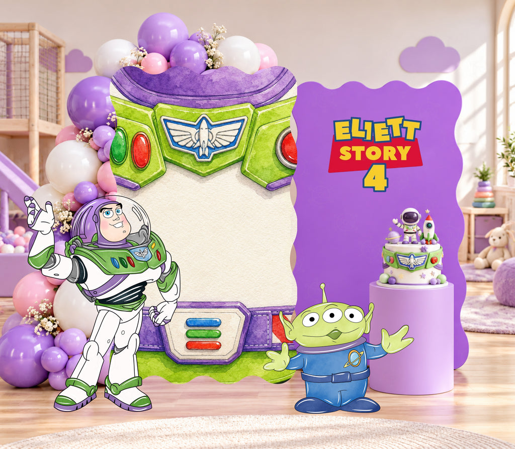 Purple and green western toy birthday backdrop with space-inspired accents, bright balloons and playful character cutouts.