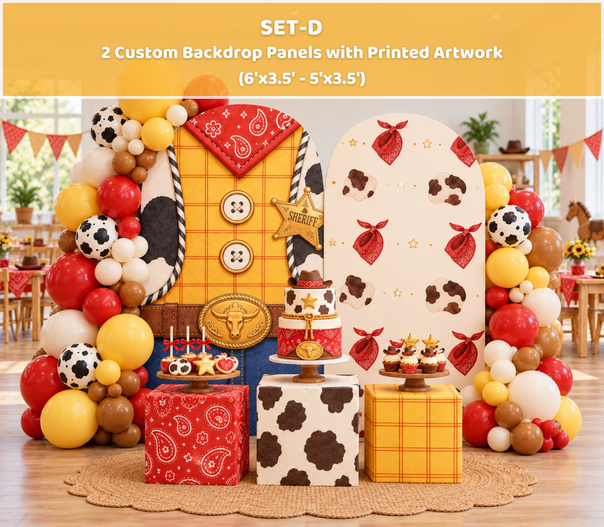 Orange and cream western toy birthday backdrop with rustic cowboy details, balloons and character cutouts for a kids celebration.