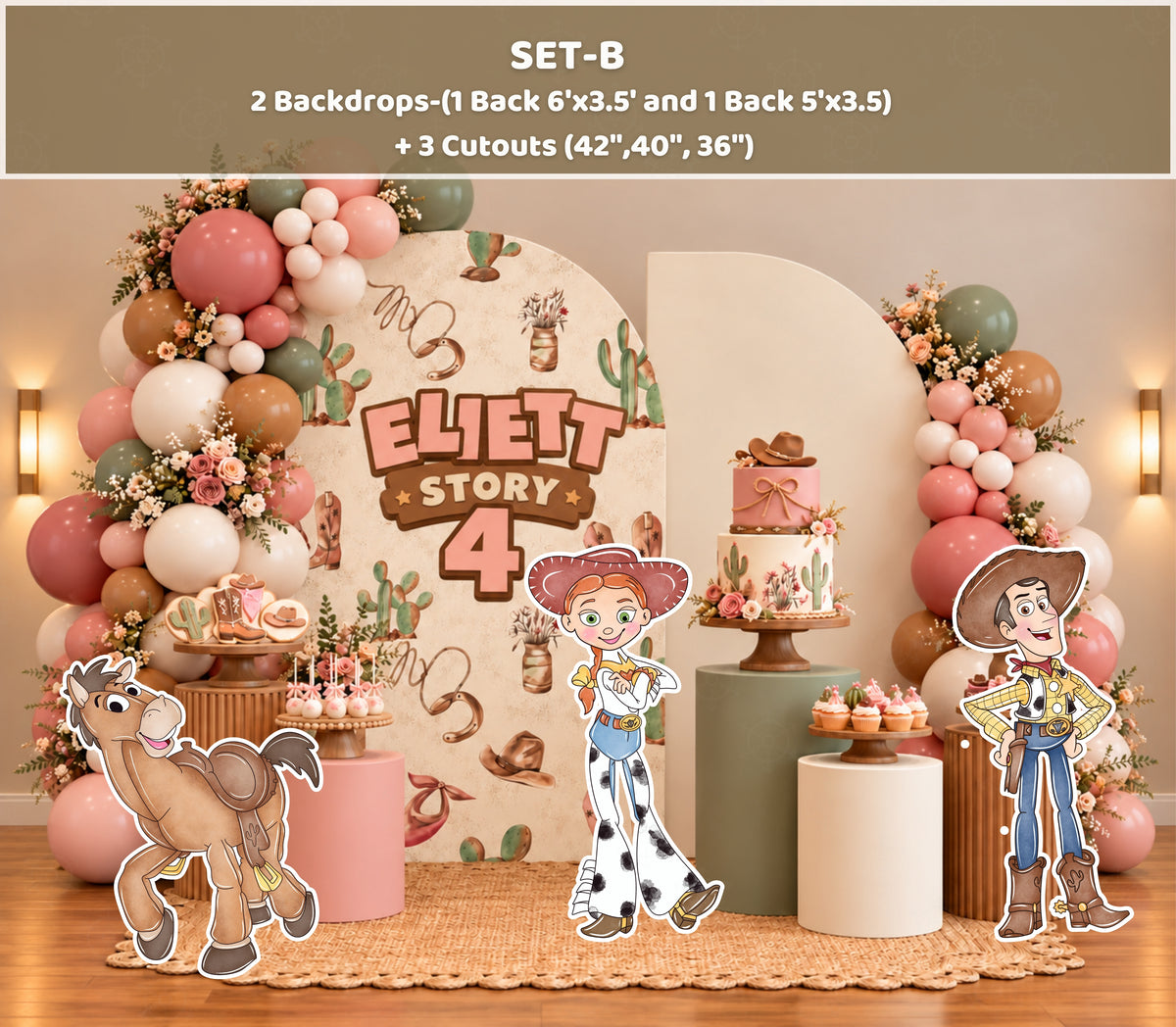 Rustic western birthday backdrop with neutral arch panels, cowboy character cutouts and warm beige orange balloon decorations.