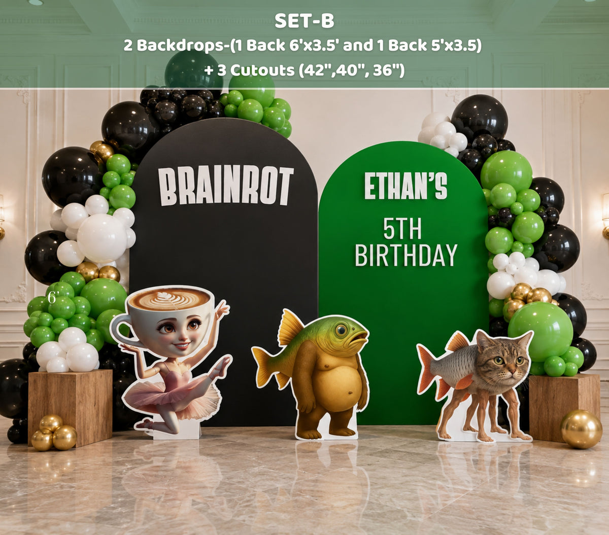 Dark green Italian Brainrot party backdrop with black and green balloon decor, personalized birthday message and meme character cutouts.