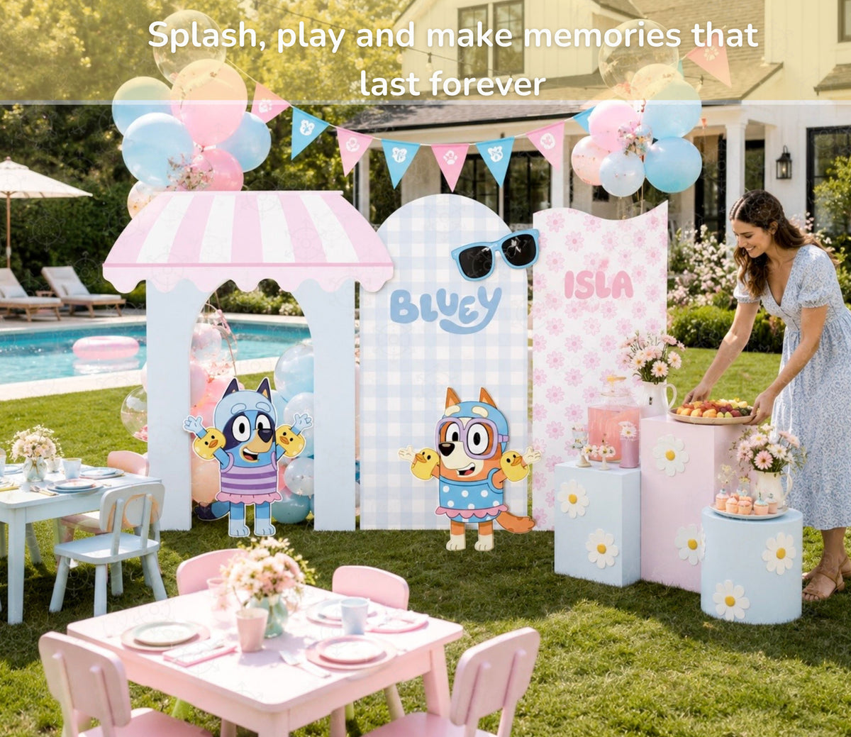 Outdoor summer party decor with pastel backdrop panels, dining setup and blue puppy themed birthday decorations.