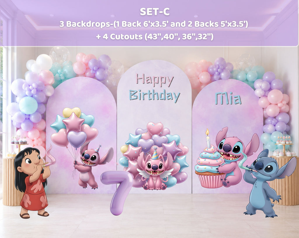 Kawaii blue alien birthday backdrop with pastel pink and lavender panels, balloon garland and multiple character cutouts for a themed party.