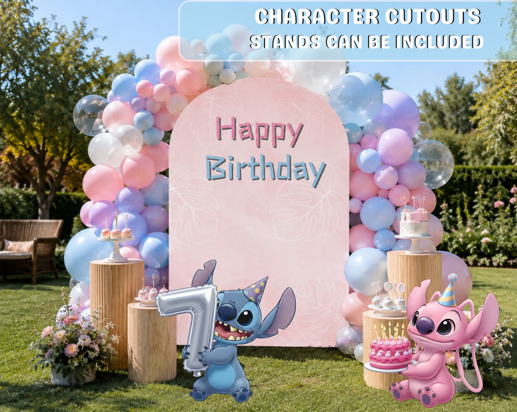 Personalized blue alien birthday backdrop with pastel pink and blue arch panels, balloon garland and kawaii character cutouts for a kids party.