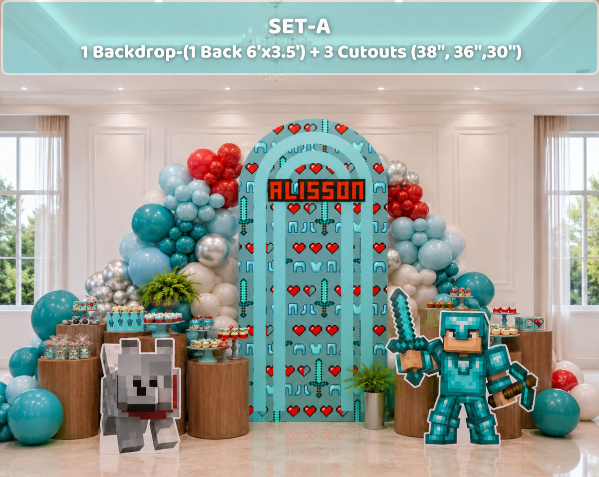 Set A pixel game birthday backdrop with one custom panel, aqua balloon garland and three matching character cutouts for a kids gamer party.