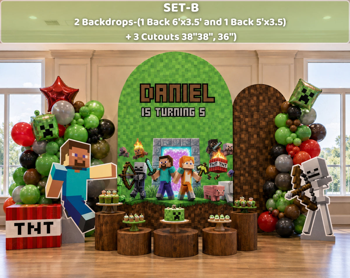 Set B pixel game party display with two backdrop panels, red TNT-inspired accents, wood pedestals and three themed character cutouts.