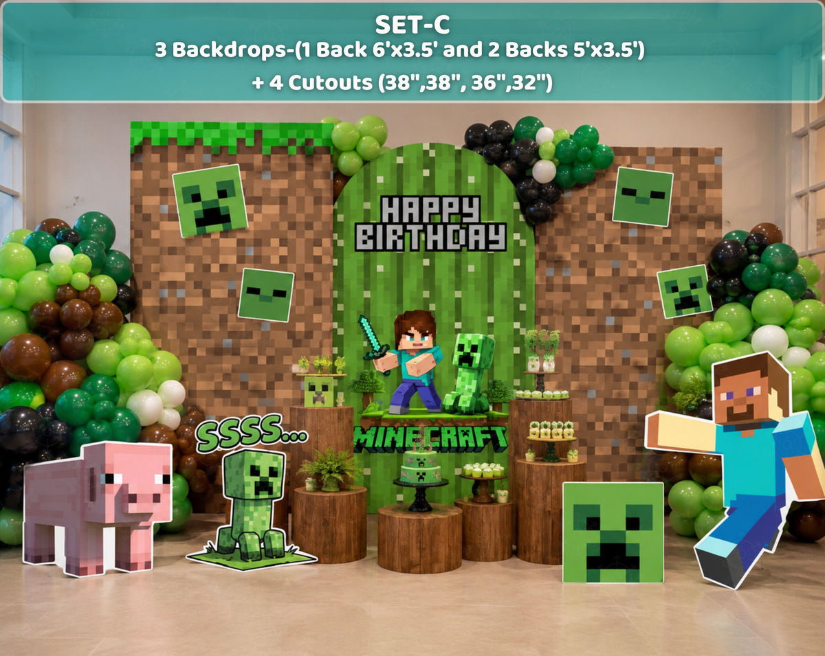 Set C pixel game birthday backdrop with three printed panels, grass block styling, balloon garland and four matching character cutouts.