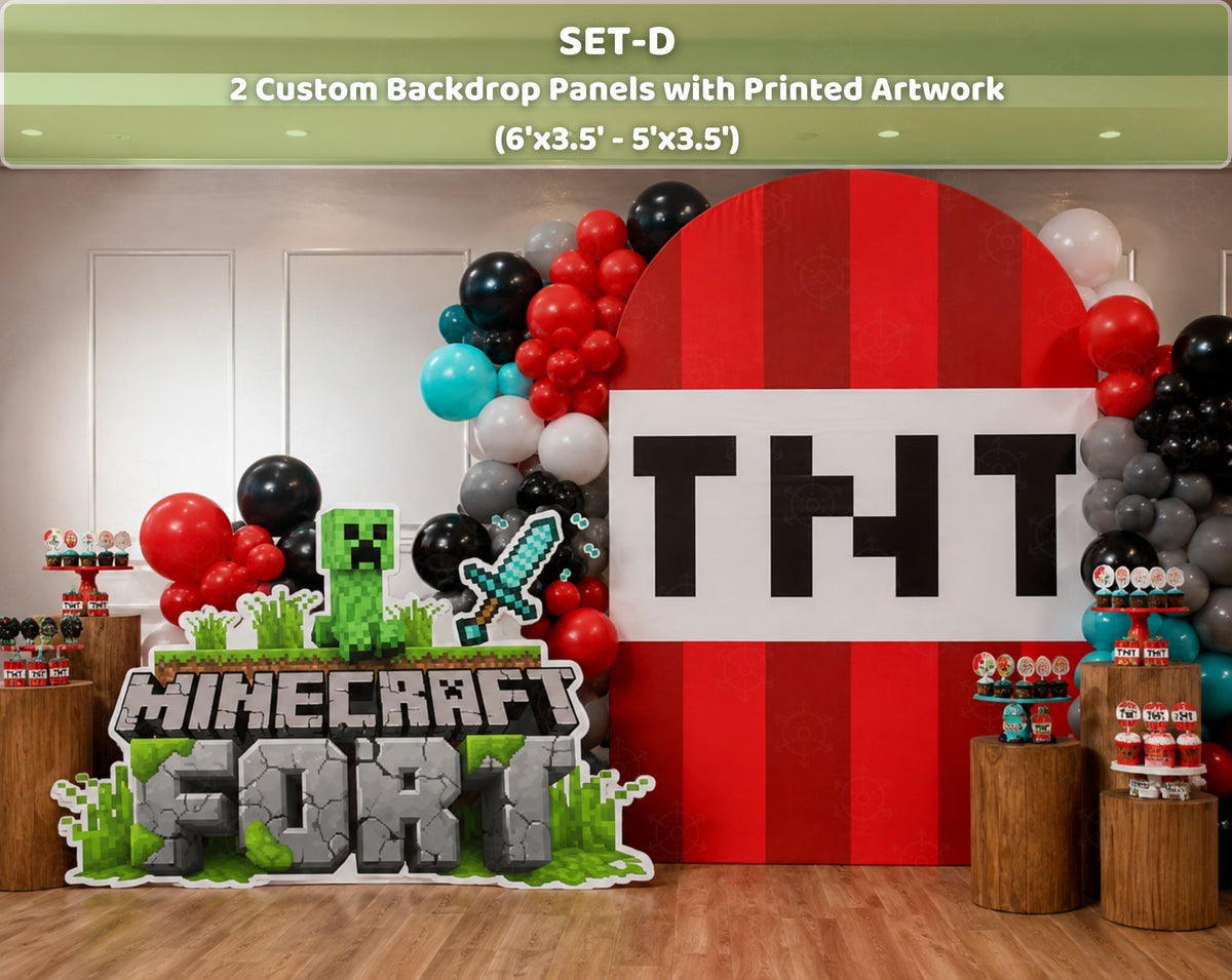 Set D pixel game birthday backdrop with large TNT-inspired centerpiece panel, red and black balloon decor and gamer themed character cutouts.