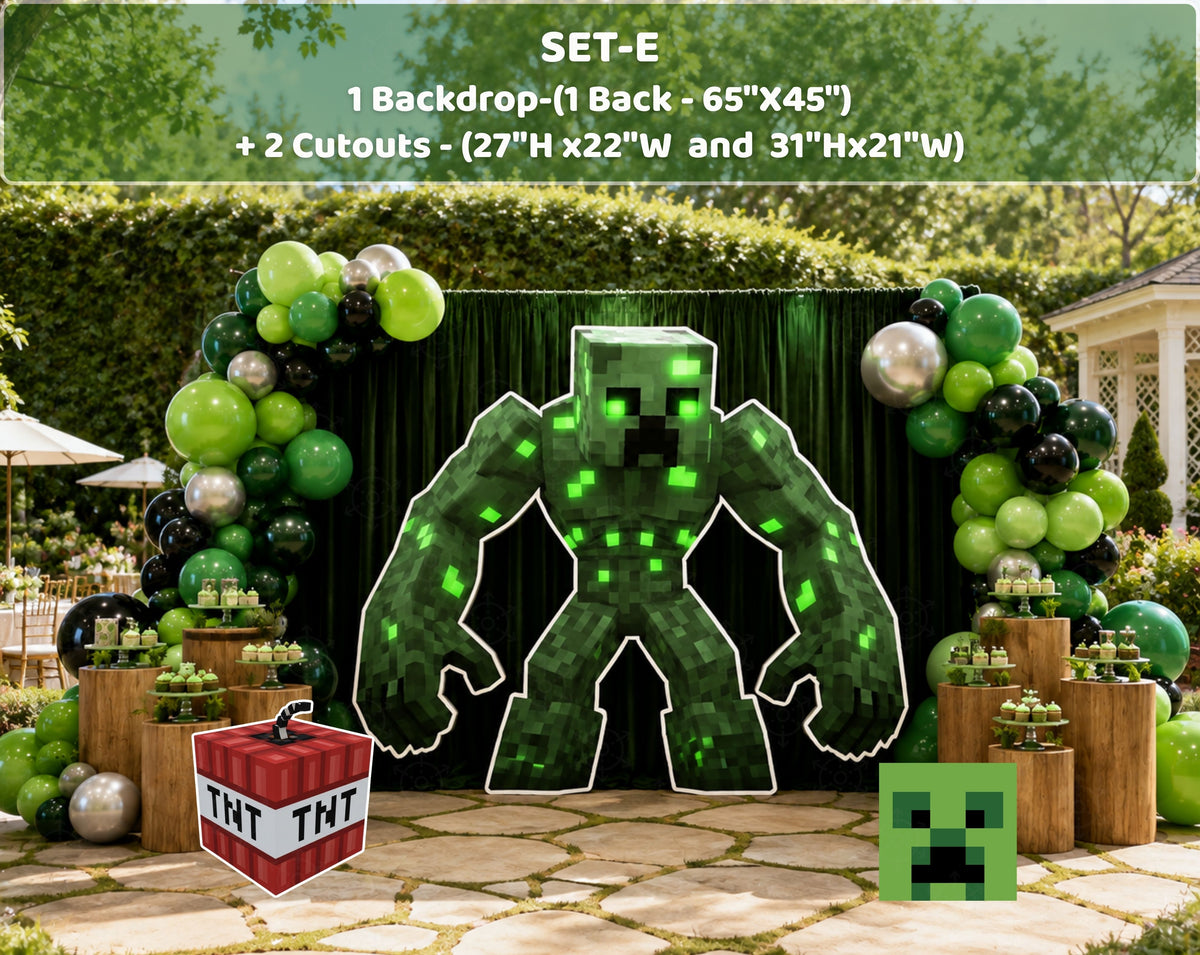 Set E pixel game birthday display with compact green character cutout, black and green balloons and themed gamer party decorations for smaller spaces.