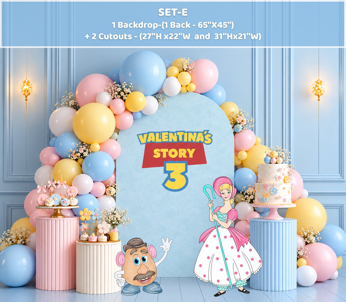 Pastel western toy birthday setup with peach blue and cream arch panels, character cutouts and soft balloon decor.