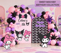 Personalized pink black and lavender birthday backdrop with playful character cutouts, balloon garland and sweet mischief party decor.