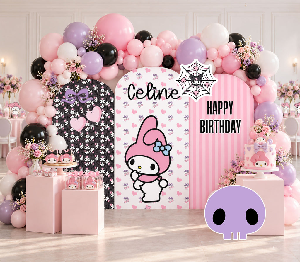 Pink lavender and black birthday party backdrop with playful character cutouts, custom name styling and colorful balloons.