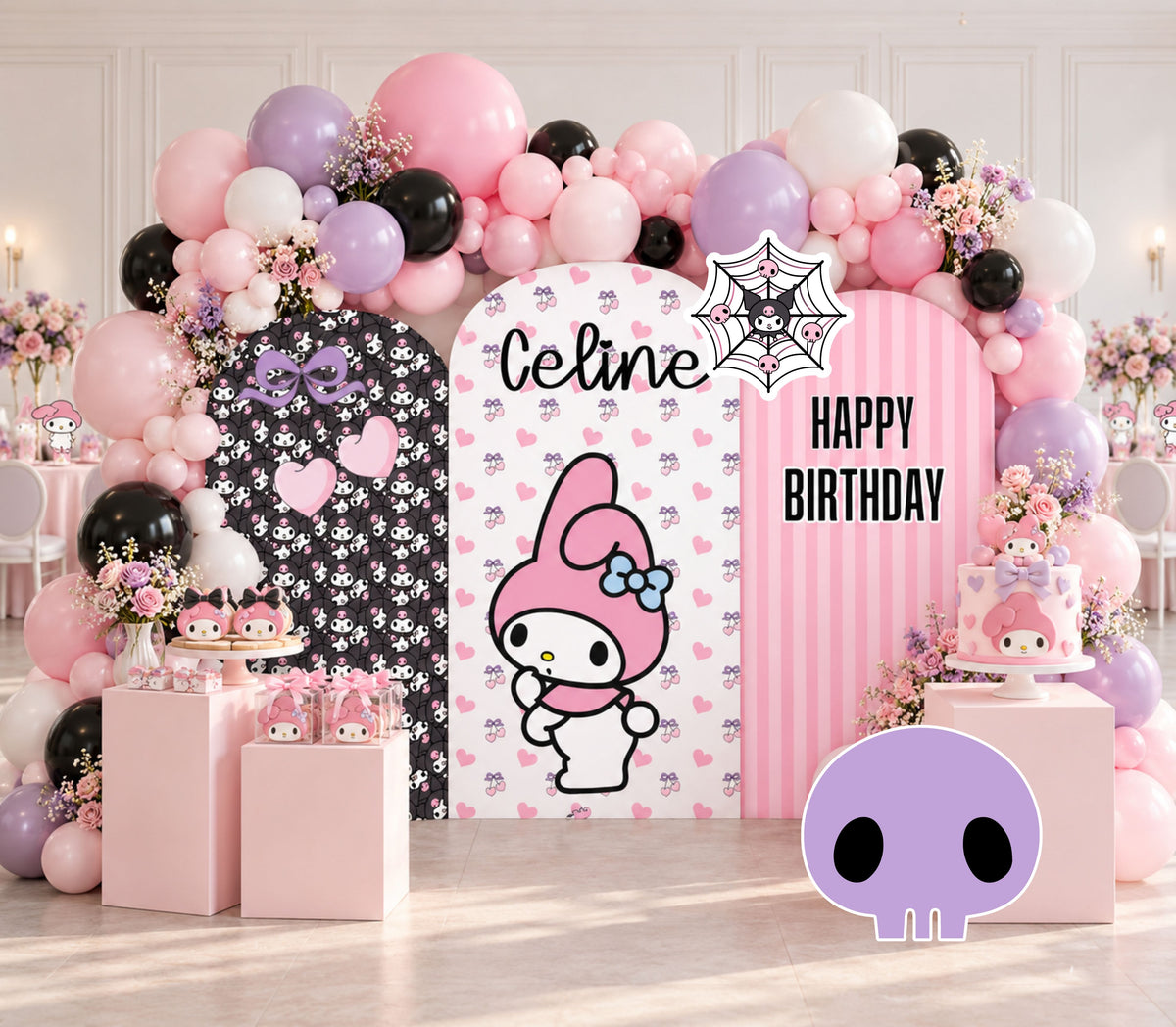 Pink lavender and black birthday party backdrop with playful character cutouts, custom name styling and colorful balloons.