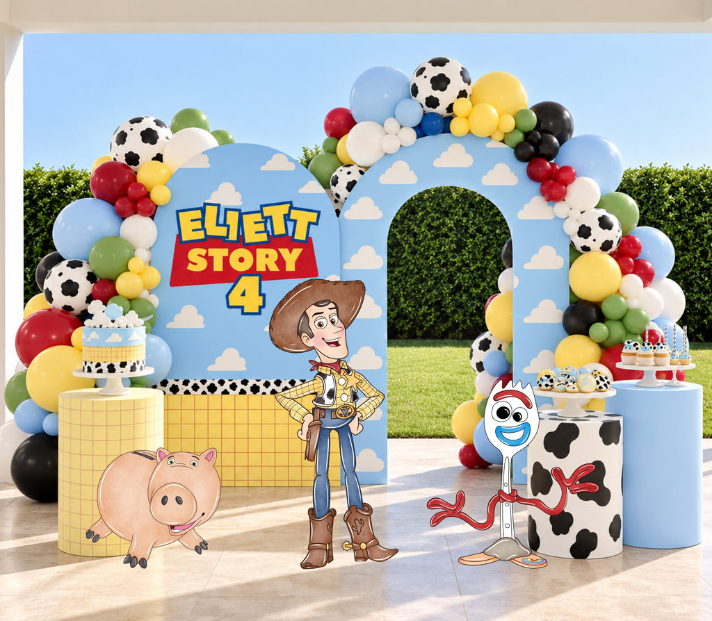 Western birthday backdrop with blue green and red arch panels, colorful balloons and personalized character party decor.