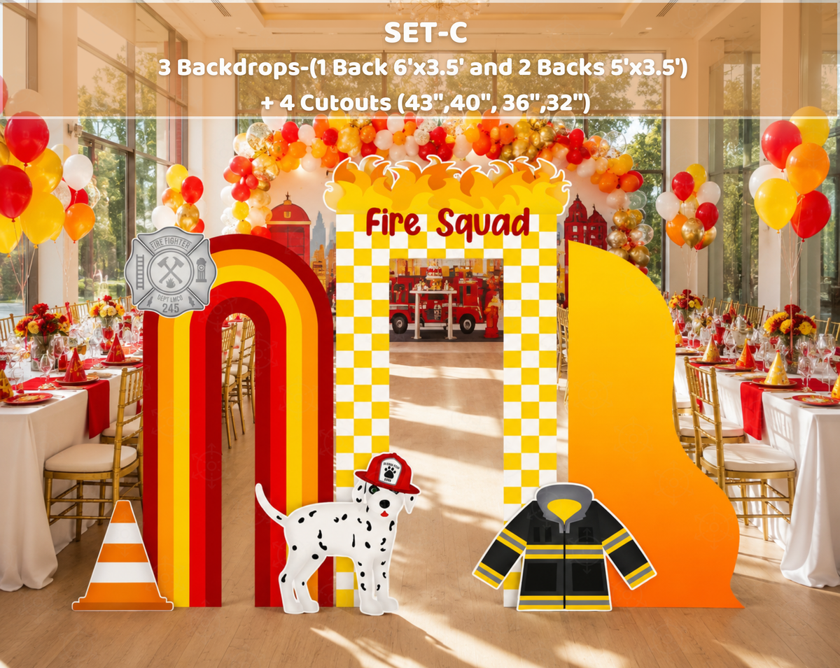 Fire truck birthday display with a red and yellow arch backdrop, dalmatian cutout, city details and themed props for a kids celebration.
