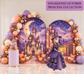Autumn princess birthday backdrop with purple castle-inspired panels, warm seasonal florals, pumpkin accents and coordinated princess character cutout.