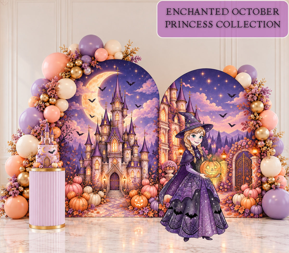 Autumn princess birthday backdrop with purple castle-inspired panels, warm seasonal florals, pumpkin accents and coordinated princess character cutout.